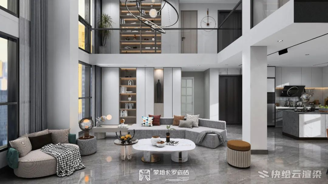 現代輕奢富宅純色瓷磚效果圖